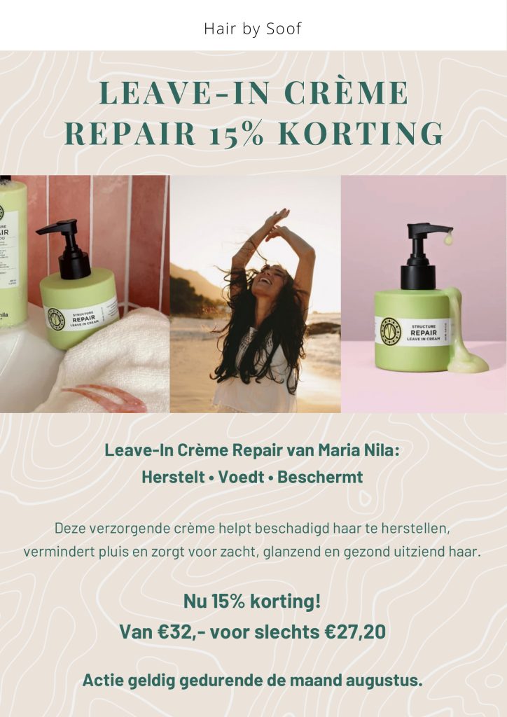 Poster augustusactie Hair by Soof, 15% korting op Maria Nila Leave-In Crème Repair